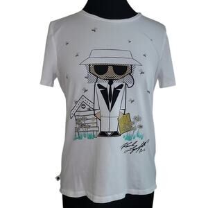 Karl Lagerfeld Paris Bee Logo Tee White Medium Designer EUC